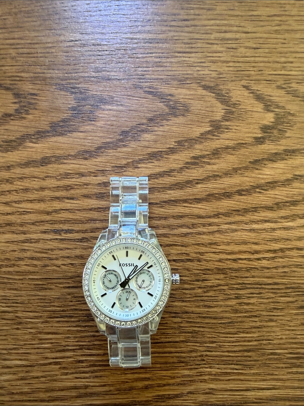 Fossil Clear Acrylic Watch with Crystal Bezel and White Dial
